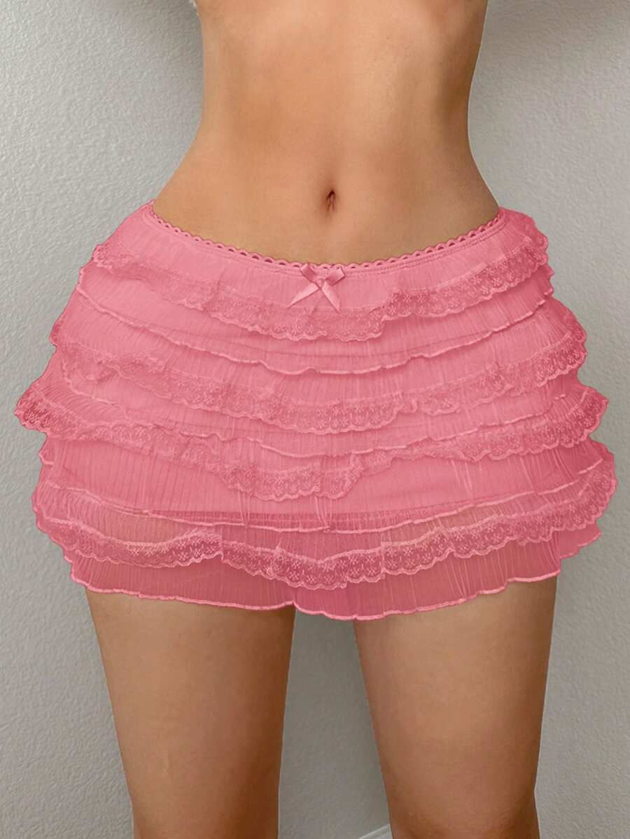 Sweetina Multi-Layer Lace & Mesh Contrast Flared Mini Skirt - Dusty Pink - View 1