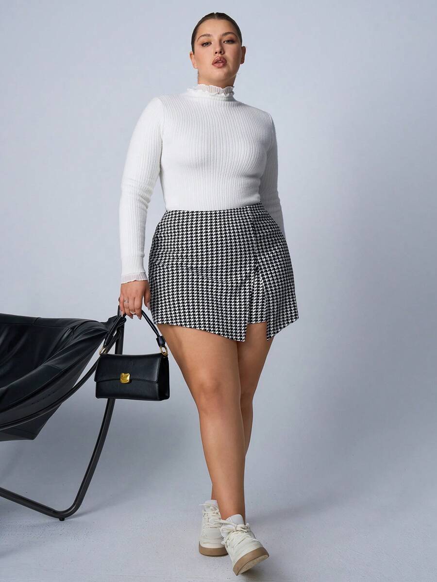 SHEIN EZwear 大码女款千鸟格针织短裙，休闲秋冬装 - 彩色 - 查看 1