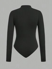 SHEIN EZwear Women Solid Color Thermal Lined Bodysuit, Minimalist Style For Autumn/Winter - Pink - View 4