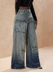 Slaydiva Women's Fashionable Ombre Wash Wide Leg Cargo Jeans