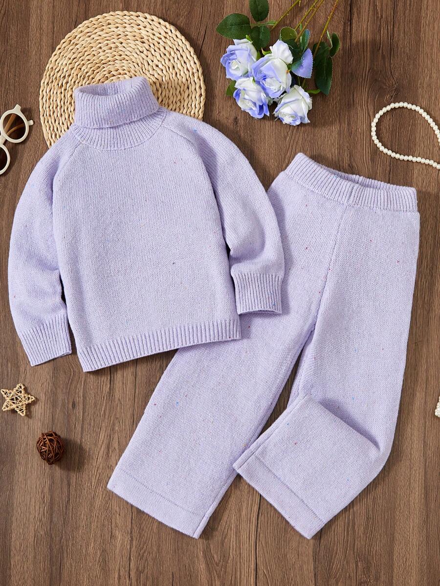 SHEIN 2 件装少女女孩高领波尔卡圆点图案毛衣套装，包括白色上衣和黑白直筒裤，针织装适合秋冬季日常和外出 - 淡紫色 - 查看 1