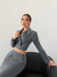 Aloruh 女士通勤工作两件套：单排扣西装外套和超长 A 字裙，秋冬新品 - 灰色 - 查看 1