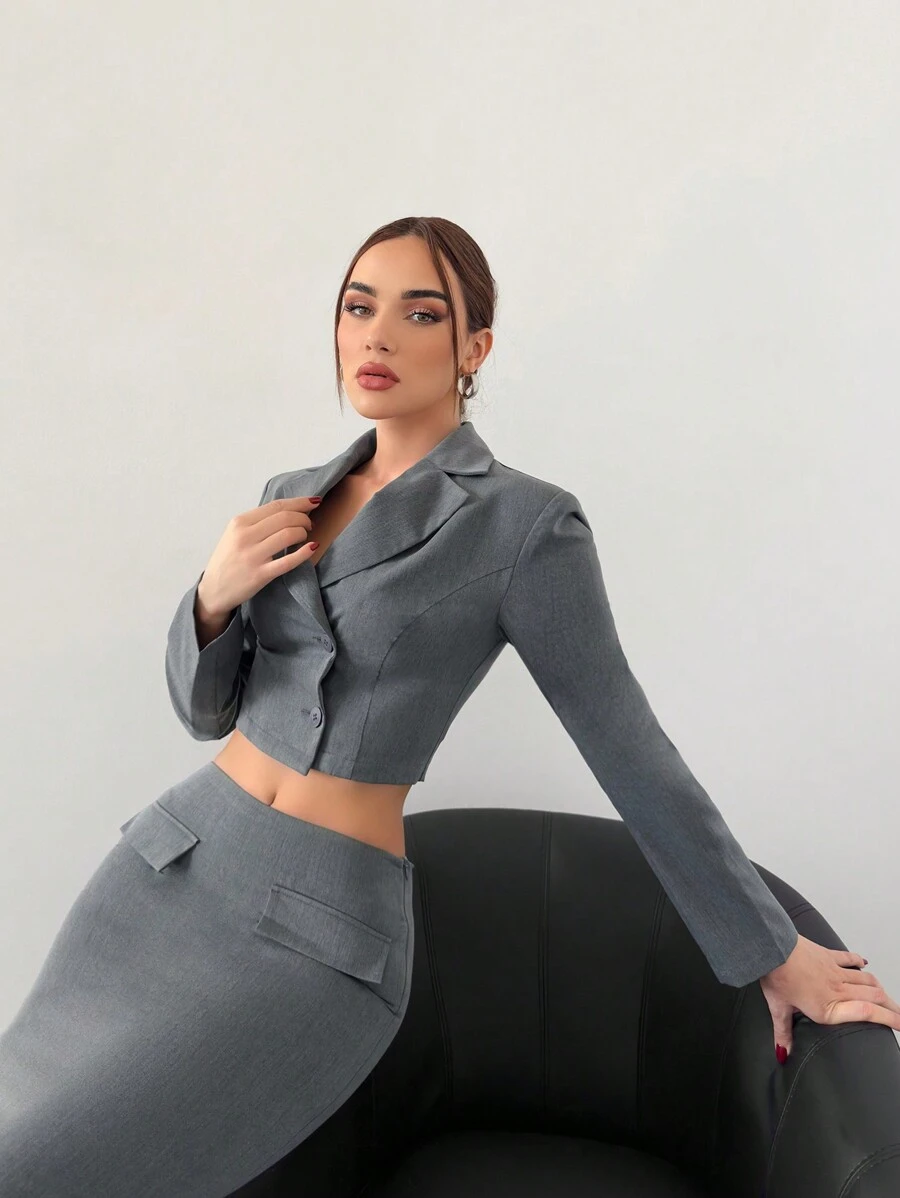 Aloruh 女士通勤工作两件套：单排扣西装外套和超长 A 字裙，秋冬新品 - 灰色 - 查看 1