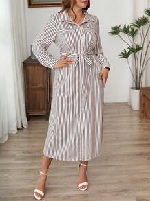 SHEIN LUNE 加大码条纹纽扣衬衫裙，秋季休闲装，办公室装扮节日装扮节日派对礼服加大码 - 黑與白 - 查看 11