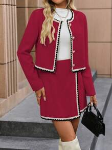 SHEIN Clasi Conjunto de chaqueta de manga larga y minifalda con cinta de contraste y botones de metal con perlas, ropa de otoño para Año Nuevo