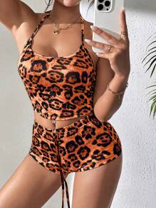 INAWLY Plus Size Halter Neck Tied Back Leopard Print Minimalist Top And Shorts 2 Pieces Set - Orange - View 1