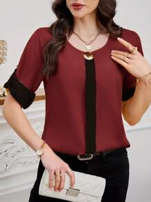 SHEIN Clasi Women's Elegant Loose Contrast Color Front Placket Metal Decor Round Neck Roll Sleeve Blouse - Red - View 3