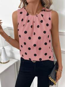 SHEIN Clasi Women Casual Polka Dot Printed Fold Pleated Sleeveless Shirt, Summer