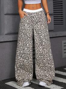 SHEIN ICON Women Denim Leopard Print Pants, Street Style, Casual, Y2K