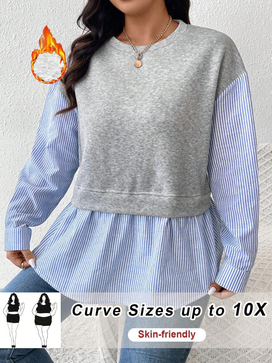 SHEIN CURVE+ 大码女式圆领长袖条纹印花弧形下摆拼布运动衫，秋装，秋季女式衬衫，秋季运动衫，法式领带 100% 纯棉蓝白条纹运动衫