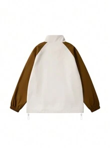 SHEIN Sports Simple Contrast Color Drawstring Detailed Sports Jacket, Suitable For Daily Wear Anime Jacketunisex Jacketcouple Jacketwork Jacket - Brown - View 2