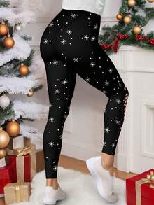 SHEIN LUNE Plus Size Women's Cute Cartoon Christmas Santa Print Elastic Waist Stretchy Leggings,Casual And Comfort