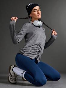 SHEIN Sports Damska sportowa koszulka z okrągłym dekoltem i plisami, swobodna, jesień