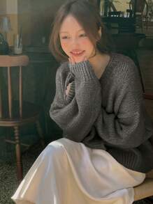 DAZY 1pc Women's Solid V-Neck Loose Knitted Cardigan - Grey - View 2