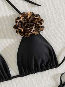 Swim SXY Bikini bandeau de solido y estampado de leopardo con sujeción y volantes florales, para vacaciones de verano de mujeres