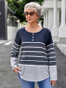 EMERY ROSE Áo thun tay dài cổ tròn in họa tiết sọc cỡ lớn cho nữ mùa đông - Nhiều màu - Xem 4