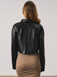 SHEIN Unity Áo khoác da giả cắt bất đối xứng màu đen cho nữ, áo khoác dài tay mùa thu/đông - màu đen - Xem 2