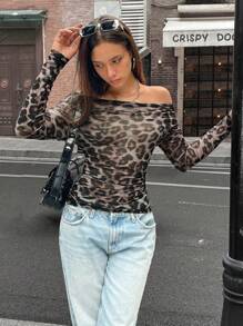 Chiquease Women's Elegant Sexy Leopard Print Semi-Sheer Ruched Long Sleeve Blouse - Black - View 6