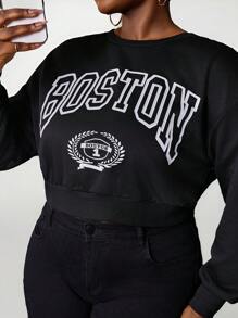 Maweii Sudadera de cuello crew informal para mujer talla grande con estampado de letras y hombros caídos de manga larga para otoño
