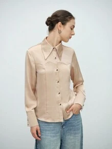 SHEIN LUNE Camisa de mujer elegante y de moda para uso diario, de manga larga, cuello alto, abierta por delante, de textura y unicolor - Champán - Ver 7