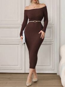 Modelyn 1pc Women Solid Color Off-Shoulder Fitted Elegant Long Sleeve Knit Dress - Coffee Brown - View 5
