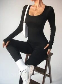Easithlete Solid Scoop Neck Unitard Jumpsuit Full - Black - View 3