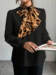 Elenzga Plus Size Herfst Vrouwen Elegante Luipaard Print Splice Kraag Strik Blouse