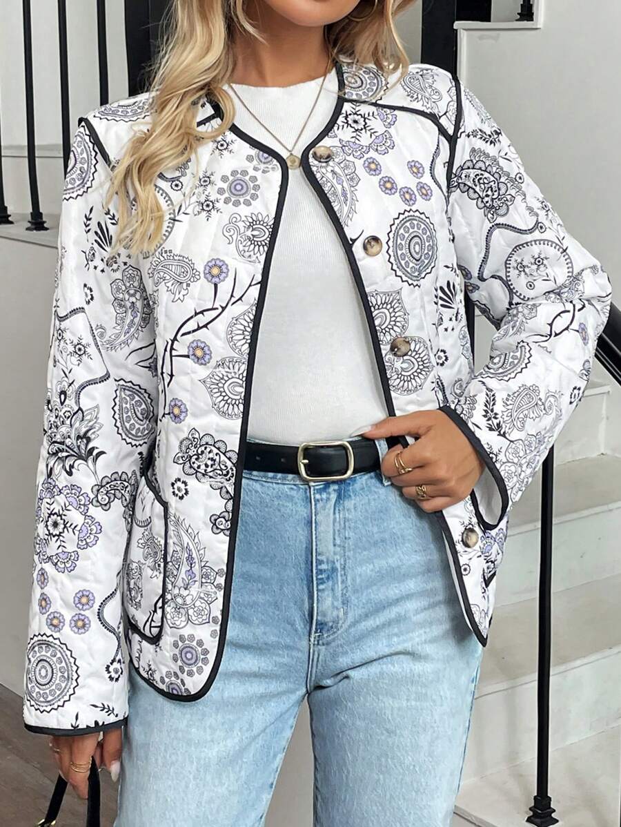 SHEIN LUNE 1pc Women Casual Sweatshirt With Pocket & Contrast Trim, Long Sleeve - Black and White - View 1