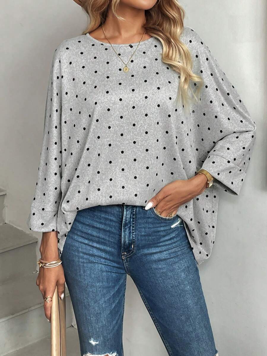 SHEIN LUNE 女士休闲波点蝙蝠袖 T 恤，秋冬 - 彩色 - 查看 1