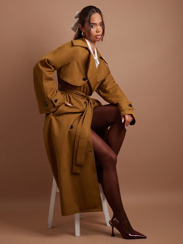 COSMINA Women's Solid Color Front Button Long Sleeve Pocket Casual Trench Coat