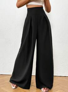 SHEIN LUNE High Waist Plicated Detail Wide Leg Pants Fall Cloth For Women - Black - View 3