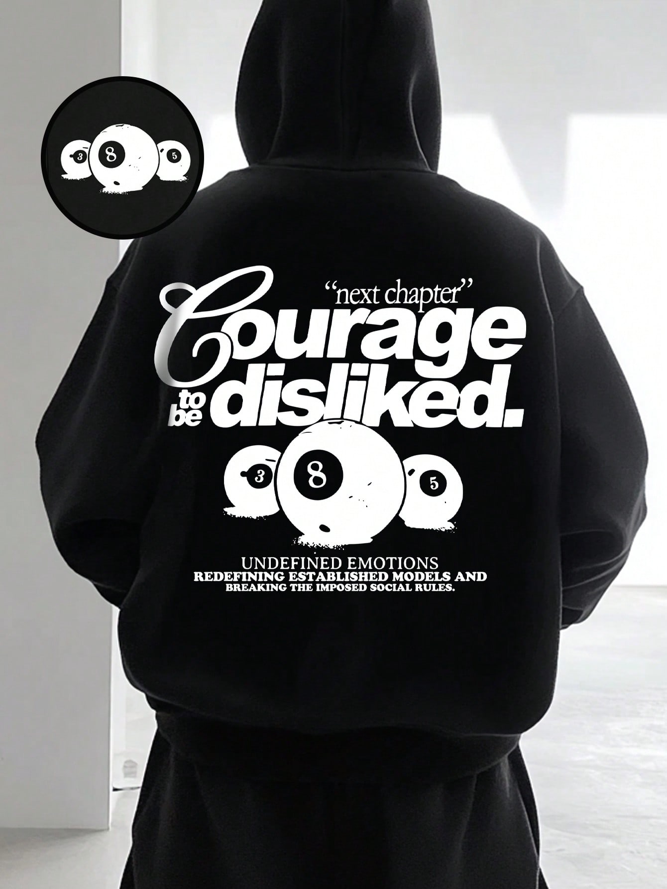 Manfinity Dauomo Men's Casual Streetwear Billiards, Black 8, Slogan Printed Dropped Shoulder Loose Kangaroo Pocket Hoodie Sweatshirt