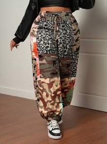 Slaydiva Plus Size Women Camo & Leopard Print Patchwork Pants