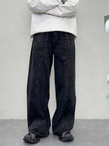 Manfinity Hypemode Heren Loose Relaxed Fit Wide Leg Pocket Baggy Denim Jeans, Casual All-Match Dark Jeans Lange Effen Zwarte Washed Jeans, Voor Echtgenoot, Vriendje Geschenken