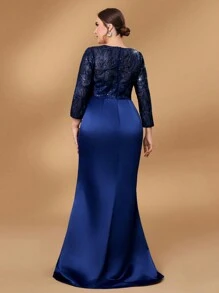 Serin Vestido elegante y lujoso de la madre de la novia para bodas, gala y banquetes, de material de satén elástico con bordado de malla con lentejuelas azul marino, escote en V profundo, recogido y con volantes en la Bottom - Azul Marino - Ver 3