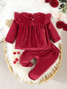 2 件套女婴休闲毛绒面料长裤和长袖舒适保暖家居服睡衣套装、圣诞装、秋装 - 紅色 - 查看 2