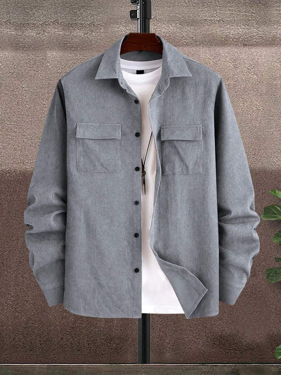 Manfinity Homme 男士纯色纽扣前开襟休闲工作长袖衬衫，带口袋，适合秋季穿着，灰色男士长袖衬衫，带两个口袋，适合冬季穿着。 - 淺灰色 - 查看 1