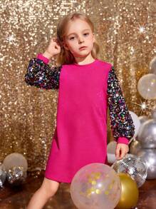 SHEIN Young Girl's And Young Girl's Elegant Patchwork Beaded Party Dress, Suitable For Autumn