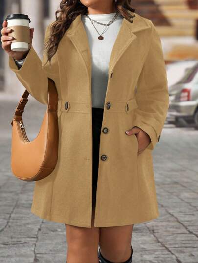 SHEIN LUNE Plus Size Women's Black Turndown Collar Button Decorated Waist Cinched Mid-Length Overcoat, For Winter Woman Coatswomans Coatswomen Coatwoman Coat Fall Cloth For Women Autumn