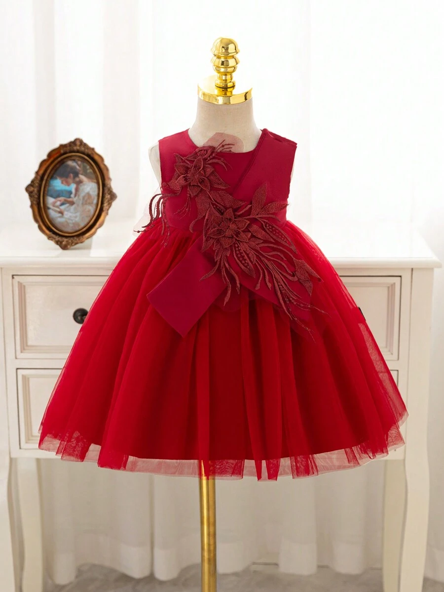 Glamorique Kids Elegant Dark Red Wedding Flower Girl Birthday Gown For Girls,Summer Embroidered Lace High-End GownLarge Swing Dress For Party And Family Gathering - Green - View 1