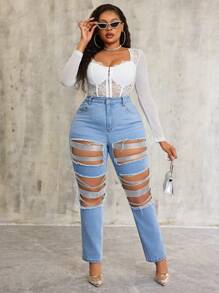 SHEIN SXY Jeans de talla grande de mezclilla sin estiramiento con agujeros sexy rasgados, decoración brillante y cintura elástica - Lavado ligero - Ver 6
