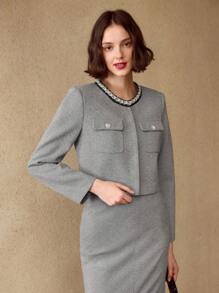 MOTF PREMIUM FAUX PEARL AND SEQUIN TAPE DETAIL FLAP POCKET JACKET - Grey - View 7