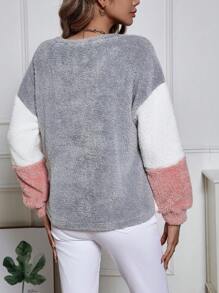 SHEIN LUNE Color Block Drop Shoulder Fuzzy Sweatshirt Asymmetrical Top In Fall/Winter