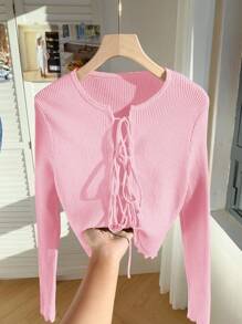 Comfortcana 1pc Pink Tie Front Casual Versatile Long Sleeve Thin Knit Cardigan - Pink - View 1