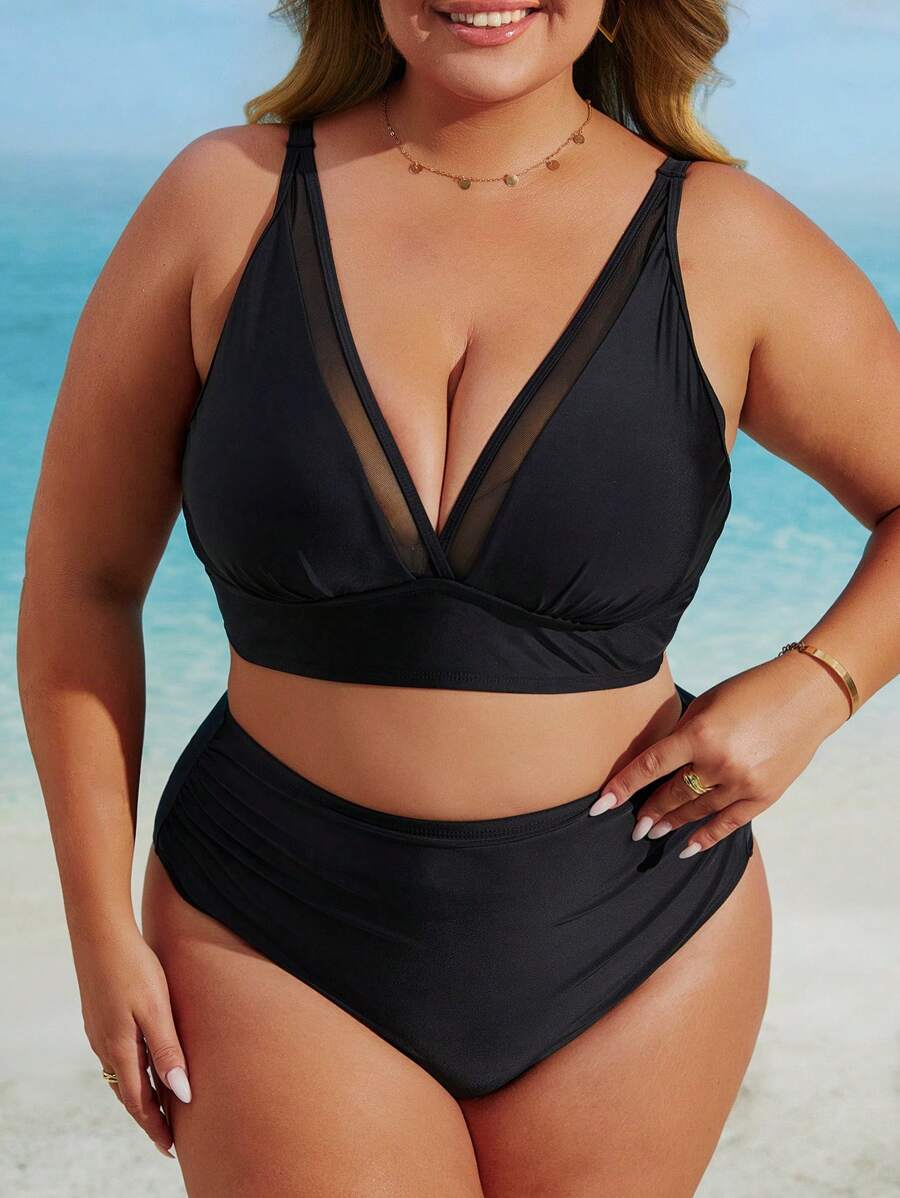 Plus Size V-Neck Solid Color Mesh Splice Tankini Bikini Set Set, Summer Beach