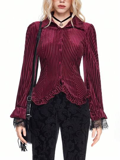 Women Hippie Chic Textured Velvet & Contrast Lace Bell Sleeve Shirt