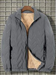 Manfinity Homme Men's Plus Size Casual Solid Color Thermal Lined Padded Coat For Winter - Grey - View 3