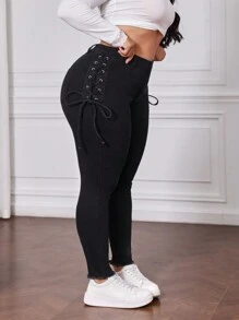 SHEIN CURVE+ Quần bó denim đen co giãn thắt nơ hai bên cỡ lớn cho nữ - màu đen - Xem 3