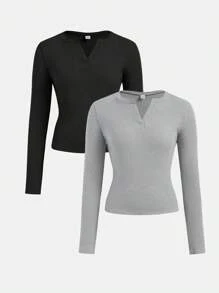 SHEIN 2Pcs Teen Girl V Neck Design Basic Ribbed Long Sleeve T-Shirt