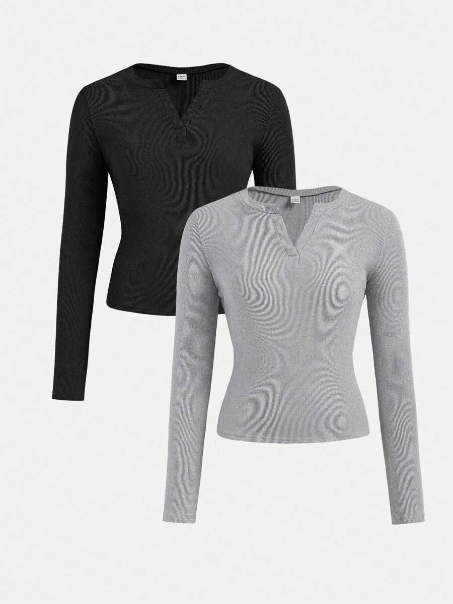SHEIN 2Pcs Teen Girl V Neck Design Basic Ribbed Long Sleeve T-Shirt